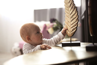 Portrait of cute boy playing on table