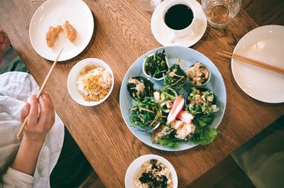 High angle view of breakfast on table