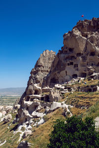 Old town of uchisar in turkey houses and the fortress in the summer in sunny weather