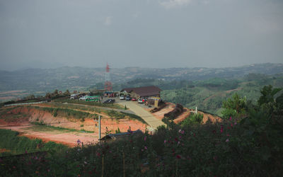 High angle view of buildings against sky