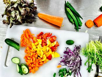 High angle view of vegetables on table