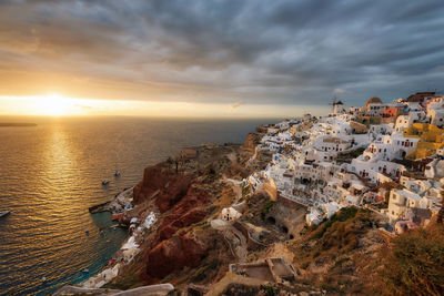 Aerial view of sea against sky during sunset