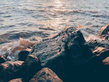 High angle view of rocks on beach