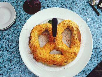 High angle view of dessert served on table