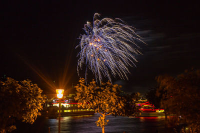 Firework display over river against sky at night