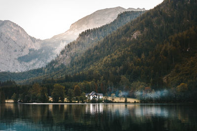 Scenic view of lake with mountains in background