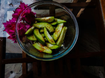 High angle view of fruits in bowl on table