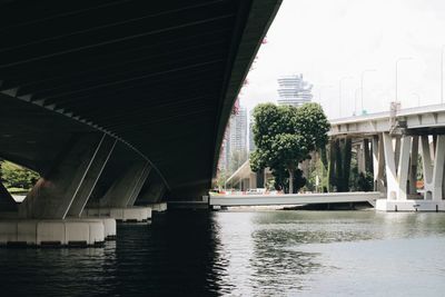 Bridge over river in city against sky