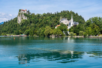 Scenic view of lake by building against sky