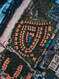 High angle view of trees and buildings in city