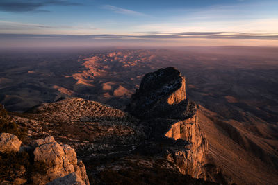 Scenic view of el capitan against sky during sunset in guadalupe mountain national park - texas