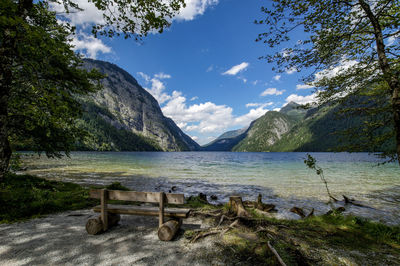 Scenic view of lake by mountains against sky