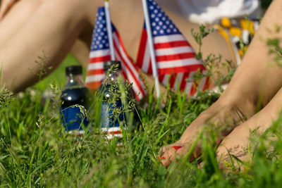 Legs and usa flags with soda on grass lawn, patriotic american holiday 4th july independence day