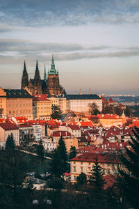 High angle view of prague castle against cloudy sky