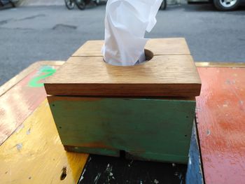 High angle view of paper on table