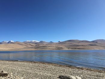 Scenic view of lake against clear blue sky