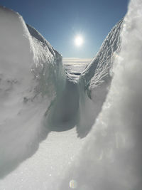 Ice on snowcapped mountain against sky