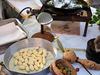 High angle view of food for sale on table