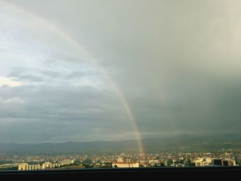 Scenic view of rainbow over buildings in city against sky