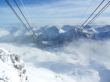 Aerial view of snowcapped mountains against sky