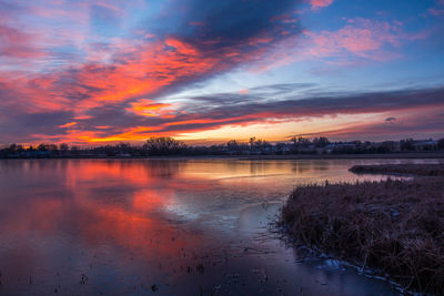 Scenic view of lake against sky during sunset