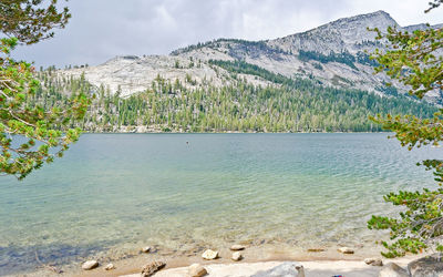 Scenic view of lake and mountains against sky