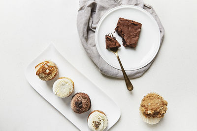 High angle view of cake served in plate on table