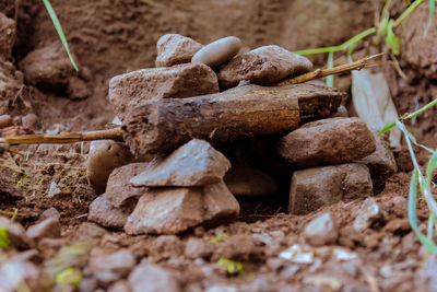 Stack of rocks on field