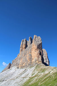 Low angle view of rock formation against clear blue sky