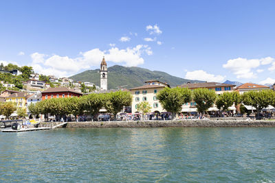 Switzerland, ascona, 1 sept 20. view on the waterfront from a passenger boat on the lago maggiore