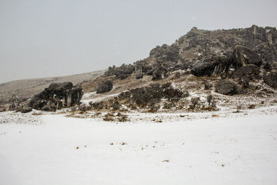 Scenic view of snowy field against clear sky