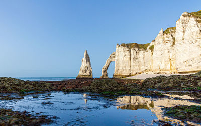 Rock formations by sea against clear blue sky