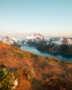 Scenic view of river and snowcapped mountains against sky