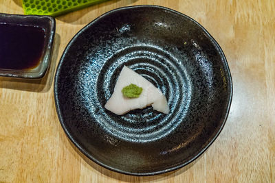 High angle view of dessert in plate on table