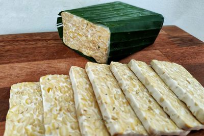 High angle view of bread on cutting board