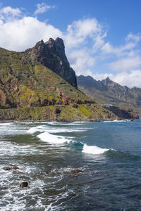 Scenic view of sea and mountains against sky