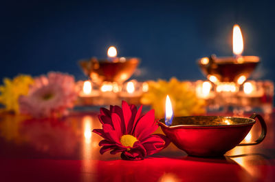 Close-up of illuminated candles on table