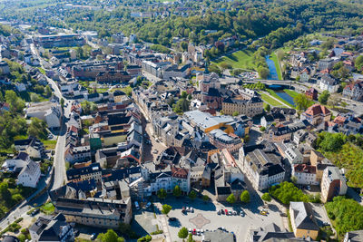 High angle view of buildings in town