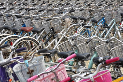 Full frame shot of bicycles in parking lot