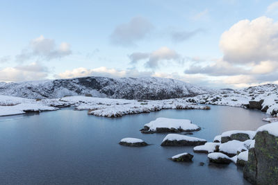 Scenic view of snowcapped landscape against sky during winter