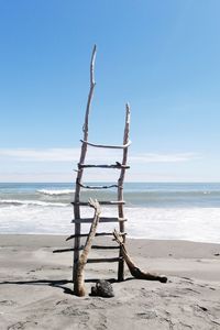 Driftwood on beach against sky