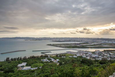 High angle view of bay against sky