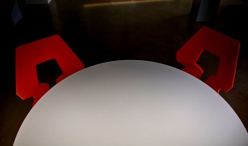 High angle view of information sign on table