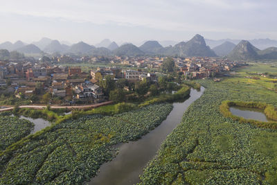 Aerial view of puzhehei scenic area in yunnan, china