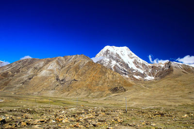 Scenic view of snowcapped mountains against clear blue sky