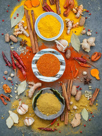 Directly above shot of various spices on table