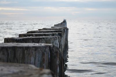 Wooden posts on sea against sky