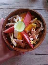High angle view of fruit salad on table