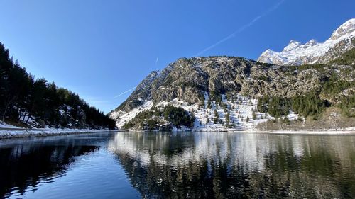 Scenic view of lake against clear blue sky