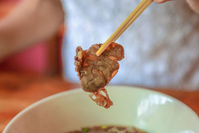 Close-up of hand holding leaf on plate